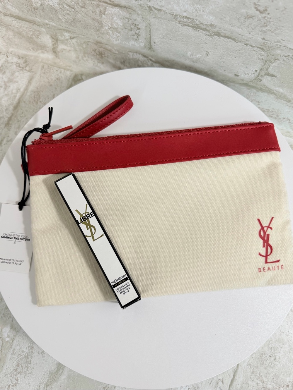 YSL Bundle Yves Saint Laurent Cream & Red Canvas Wristlet & Libre Travel Spray